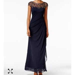 $249 XSCAPE Women Embellished Illusion Draped Gown Sz 6 Blue Wedding Party